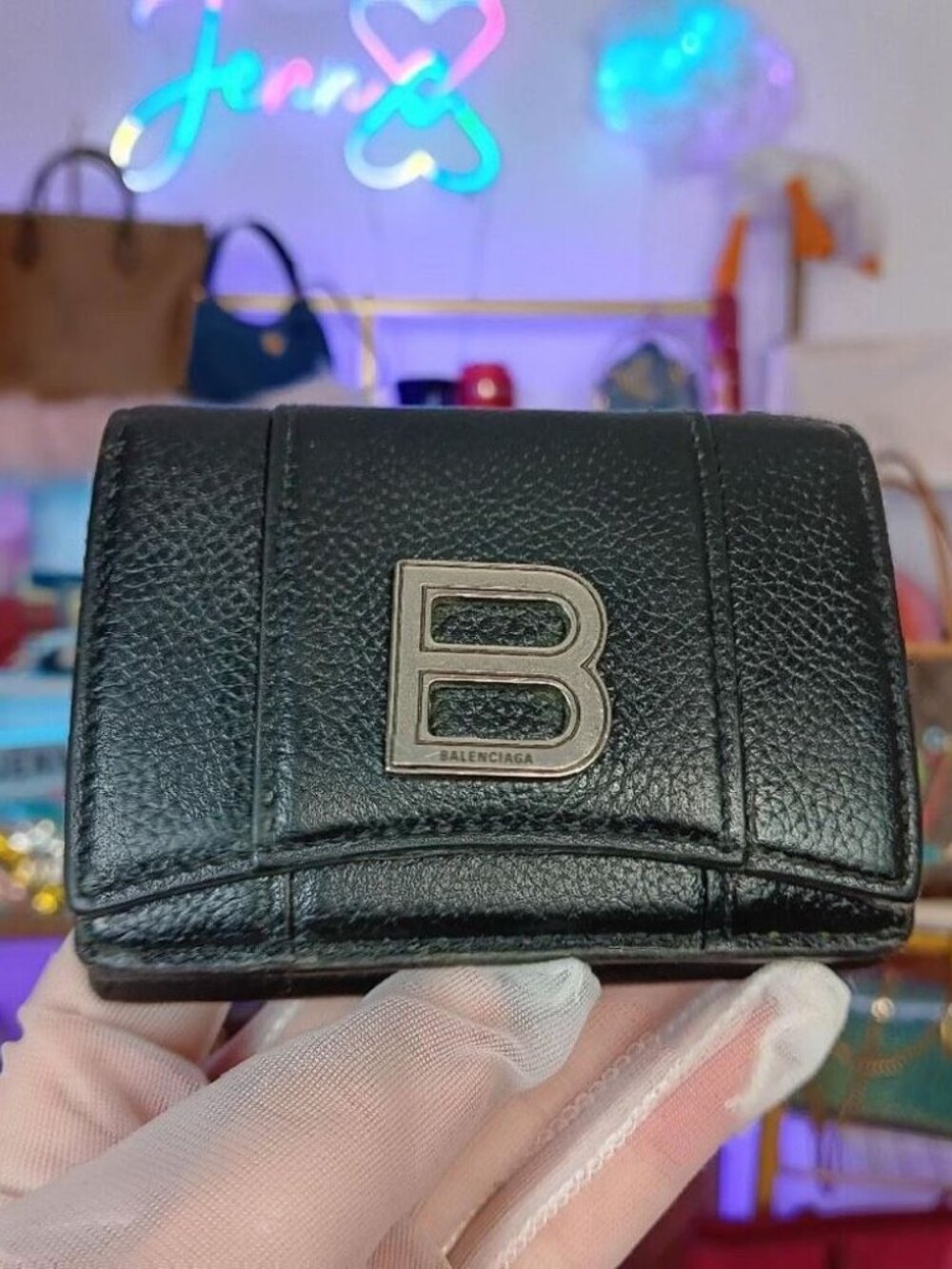 Balenciaga B Logo Black Leather Compact Trifold Wallet Women’s men’s